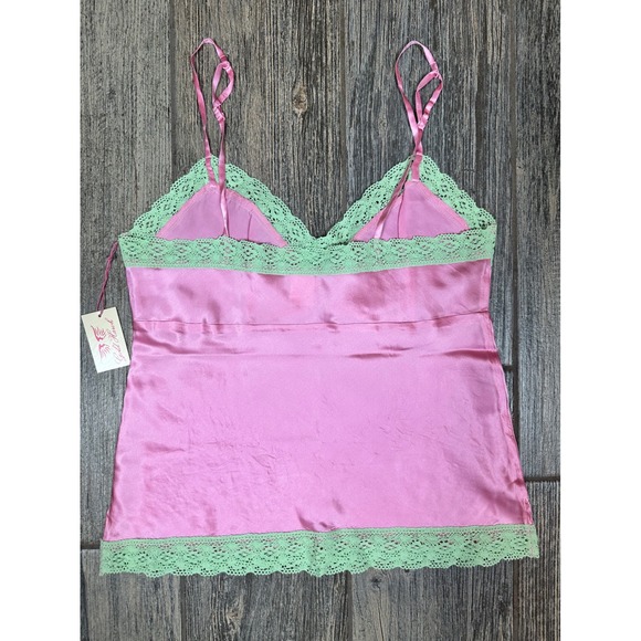 Gold Hawk Pink Silk Cami Top Green Lace Trim Lingerie Sleeveless Tank New S - Picture 8 of 8